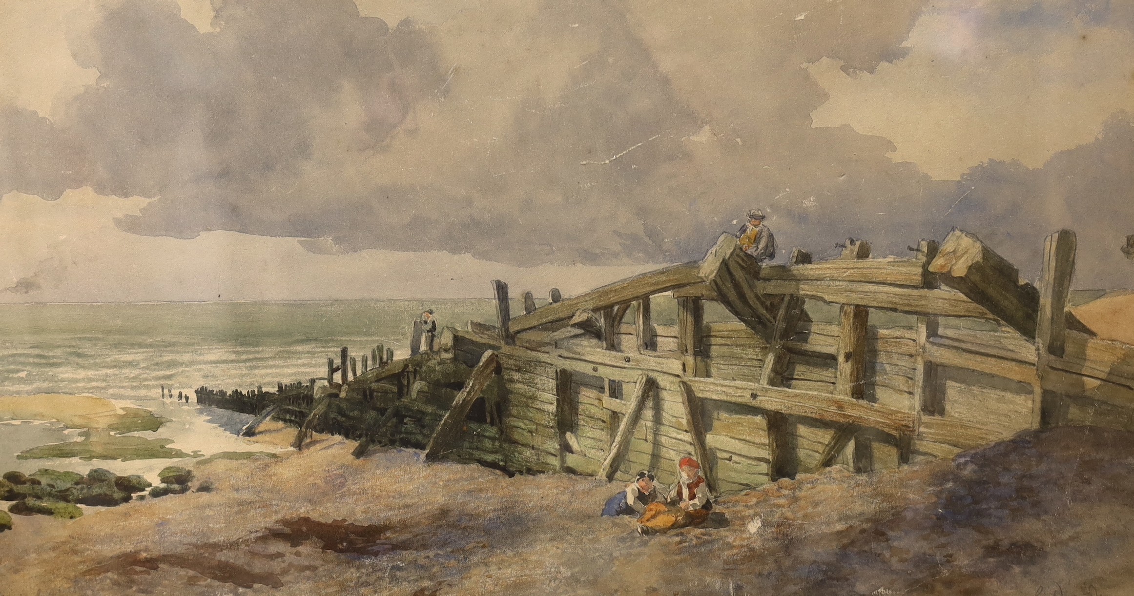 P. Davidson (19th C.), watercolour, Coastal scene with figures beside a groyne, Brighton, signed in pencil, 24 x 45cm